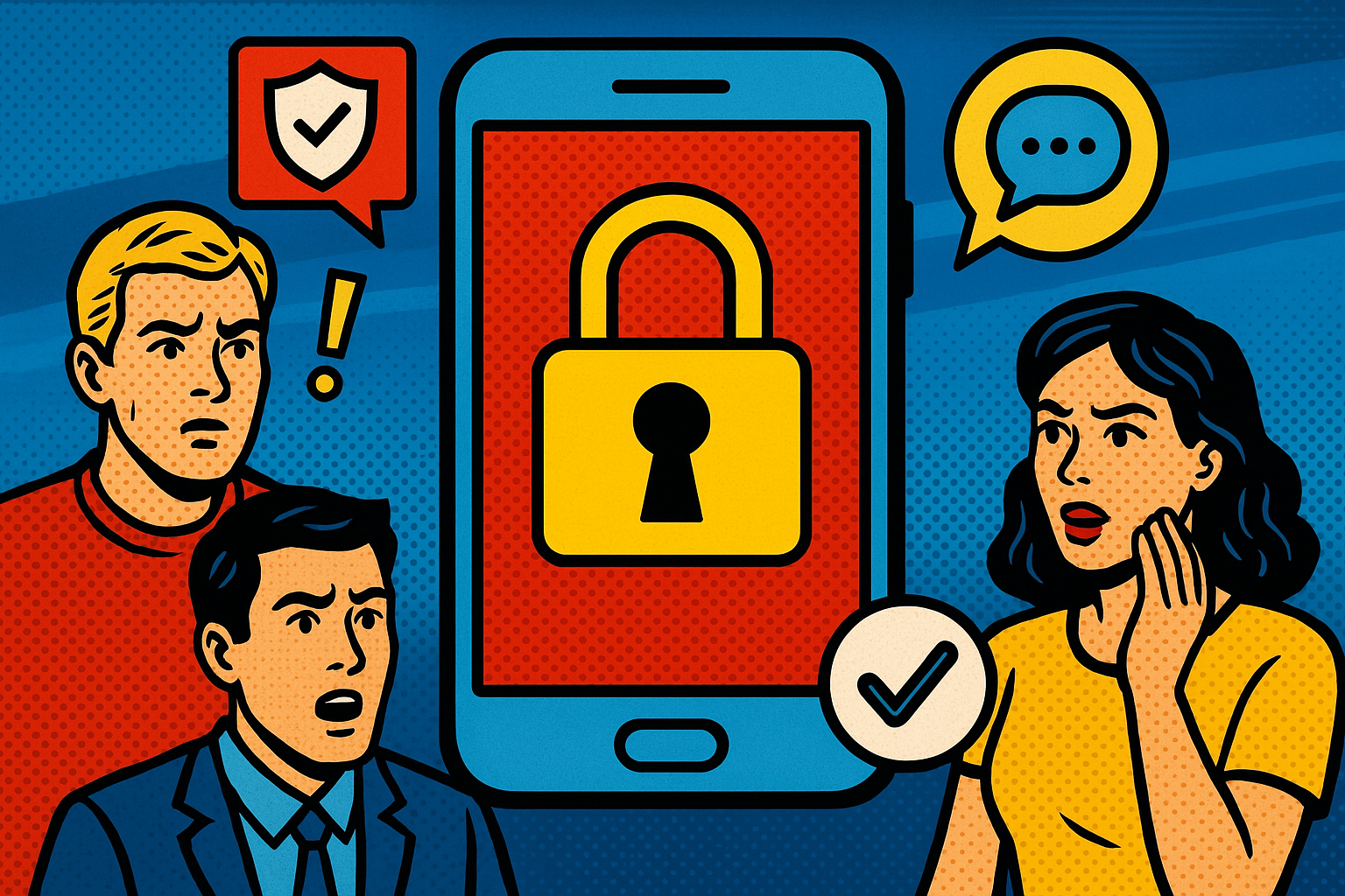 Illustration of mobile phone with lock symbol in a blue gradient tech design setting, with a determined mood.