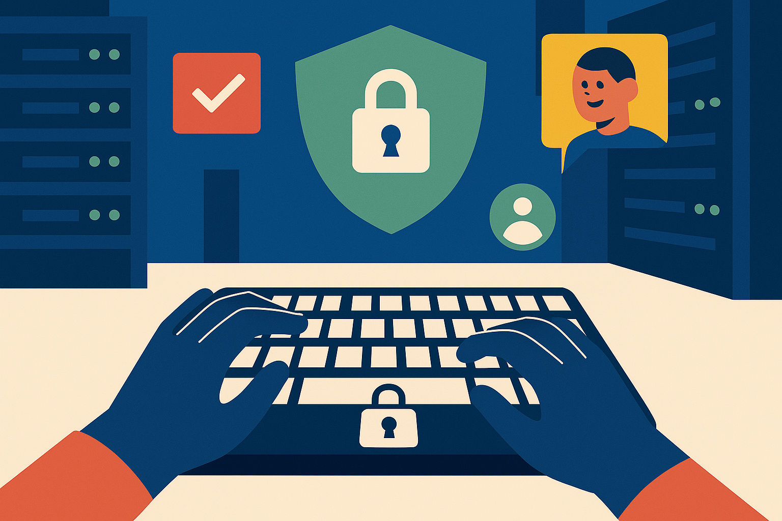 Illustration of hands typing on encrypted keyboard in a cybersecurity server room setting, with a relaxed mood.