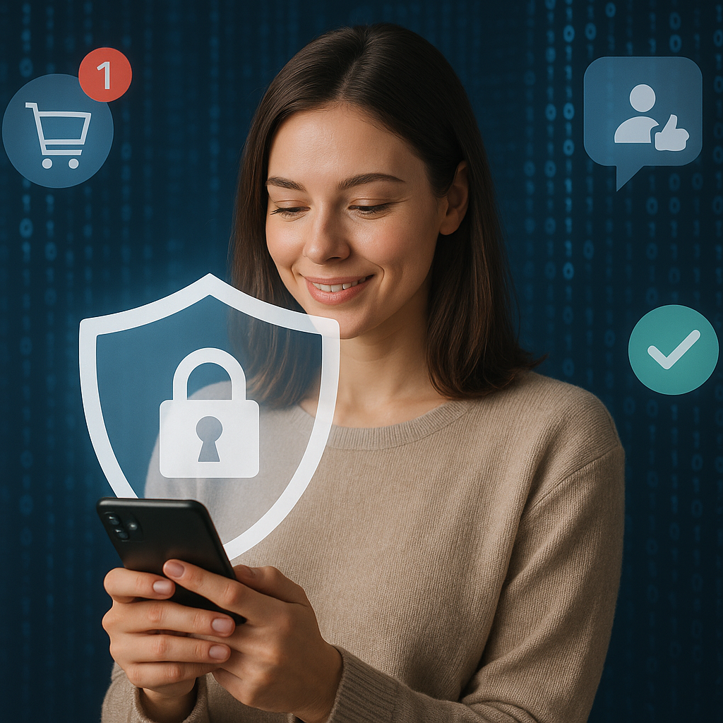 Illustration of woman using smartphone safely in a shield icons over data setting, with a inspired mood.