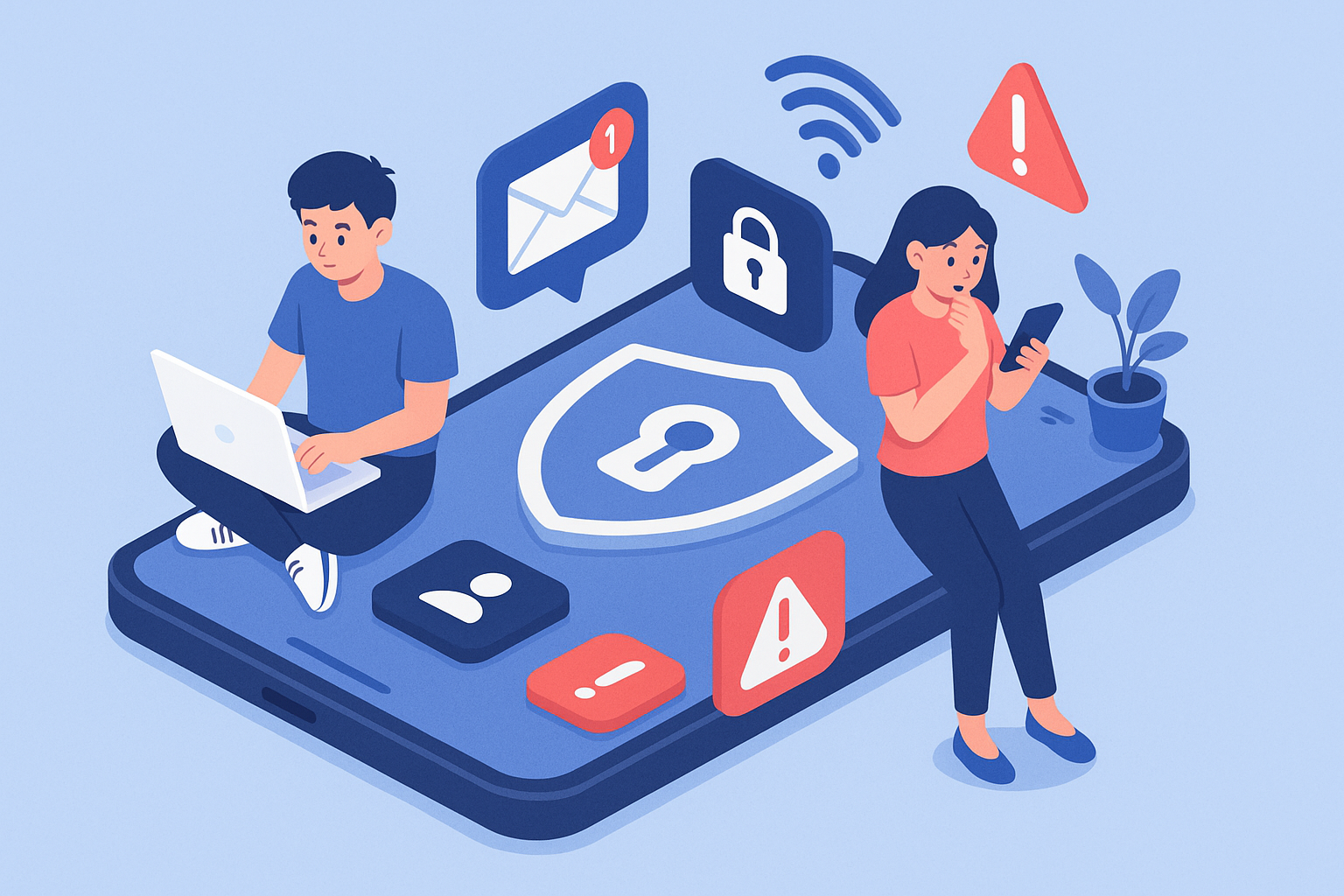Illustration of teens browsing apps securely in a smartphone close-up setting, with a focused mood.