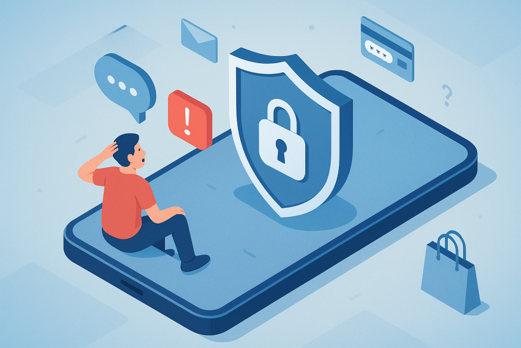 Illustration of privacy shield icon on screen in a smartphone close-up setting, with a relaxed mood.
