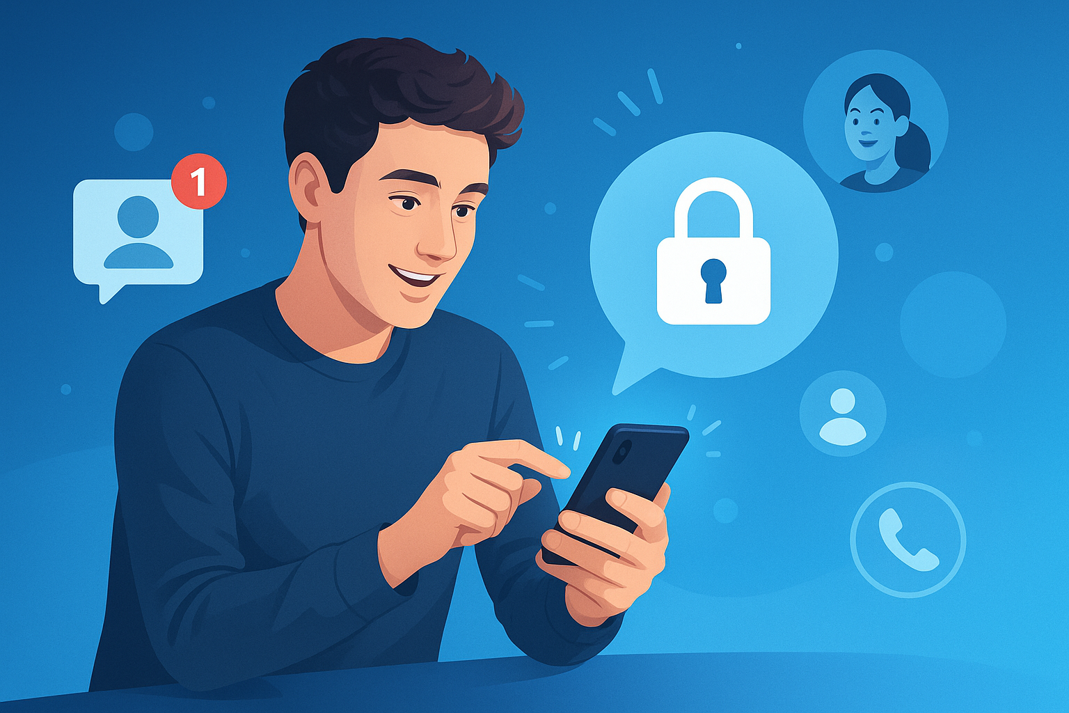Illustration of young adult sending private message in a blue gradient tech design setting, with a inspired mood.