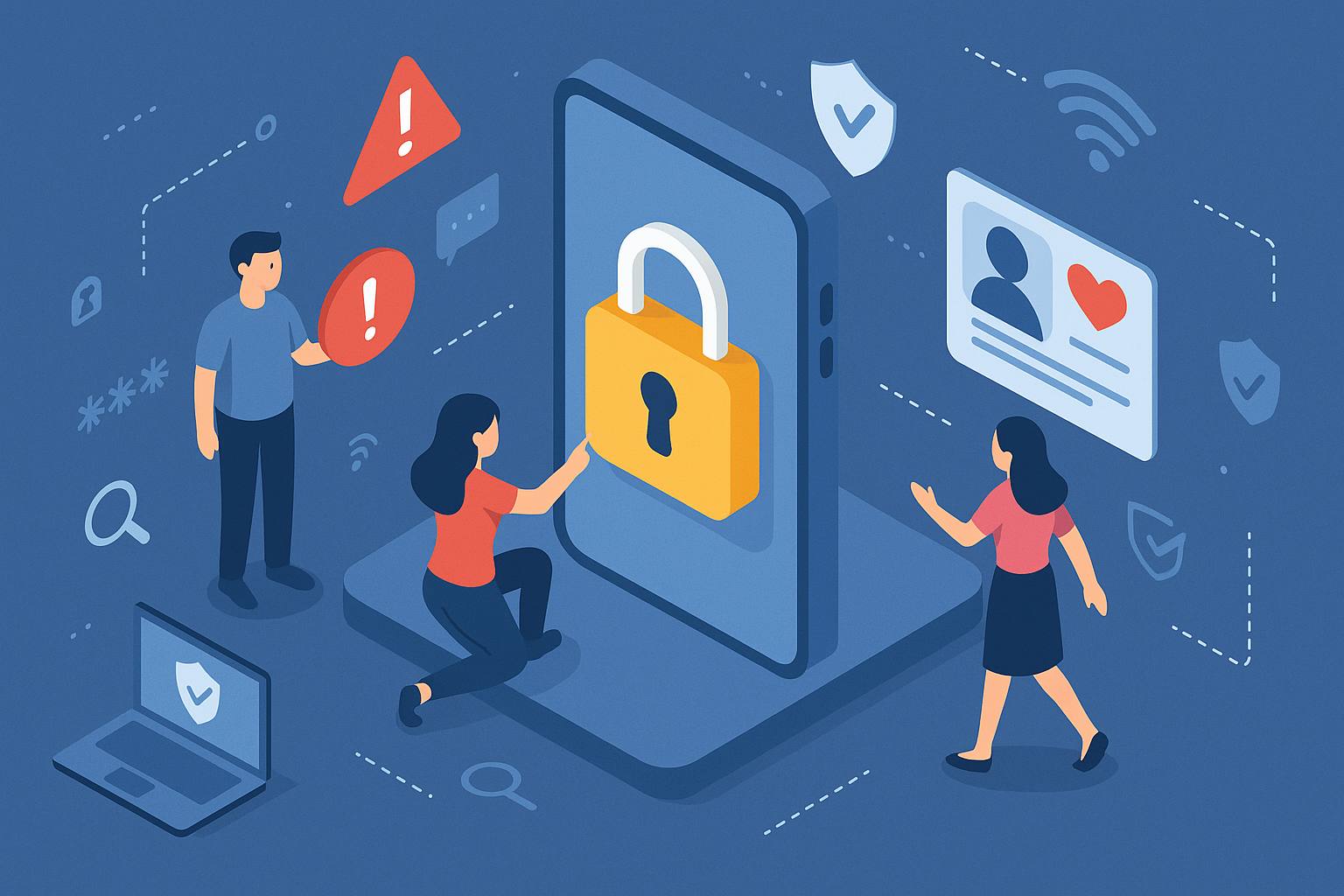 Illustration of mobile phone with lock symbol in a digital security interface setting, with a determined mood.