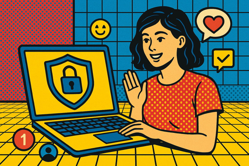 Illustration of privacy shield icon on screen in a abstract data grid setting, with a relaxed mood.
