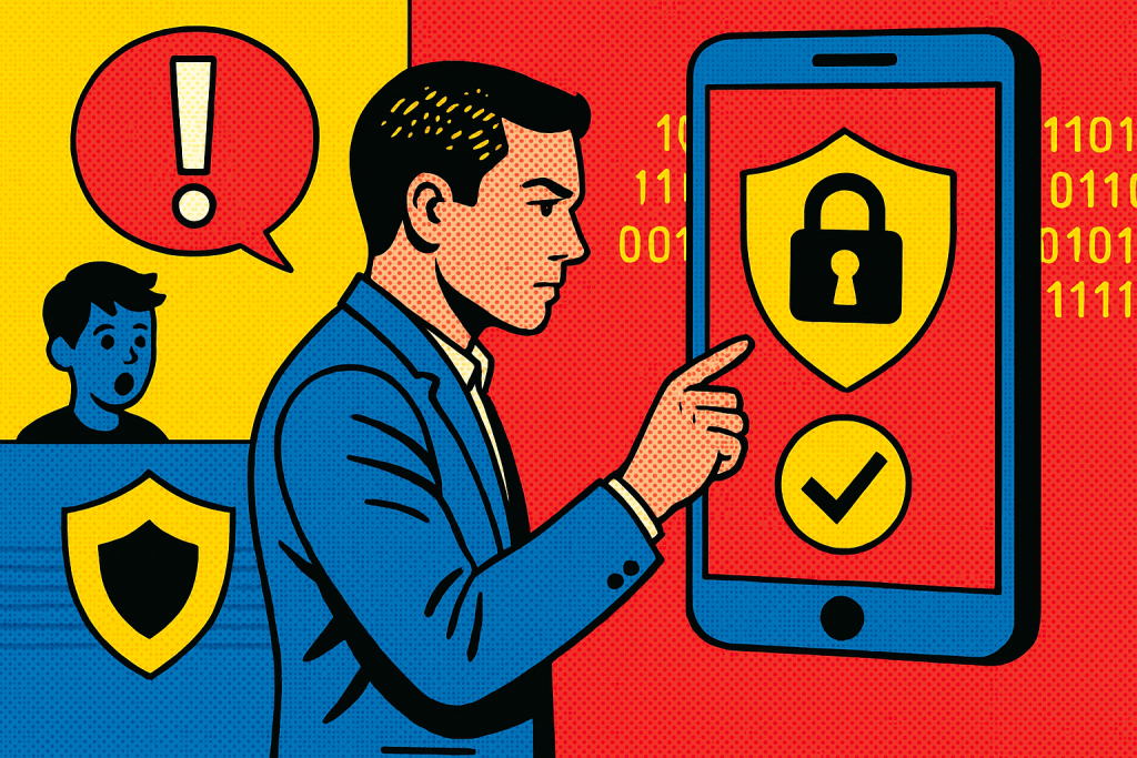 Illustration of man setting up secure app in a shield icons over data setting, with a determined mood.