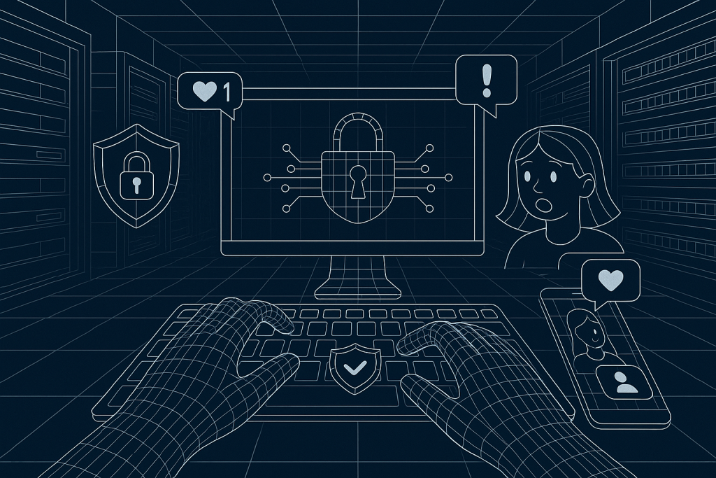 Illustration of hands typing on encrypted keyboard in a cybersecurity server room setting, with a focused mood.