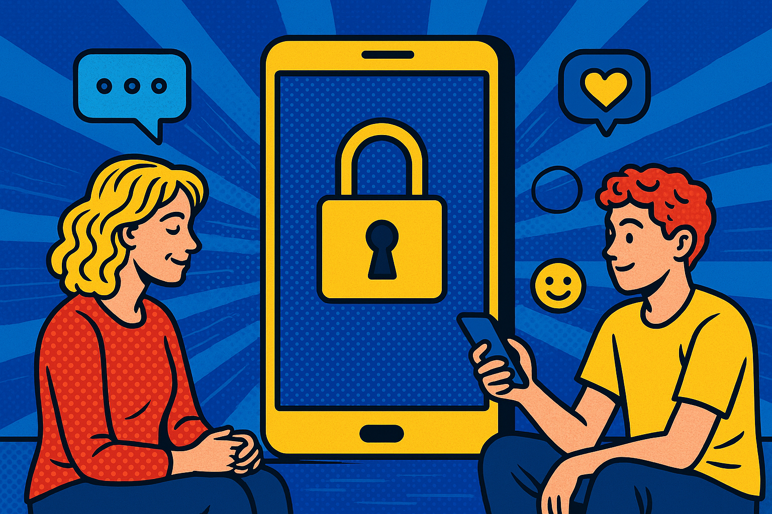 Illustration of mobile phone with lock symbol in a blue gradient tech design setting, with a relaxed mood.