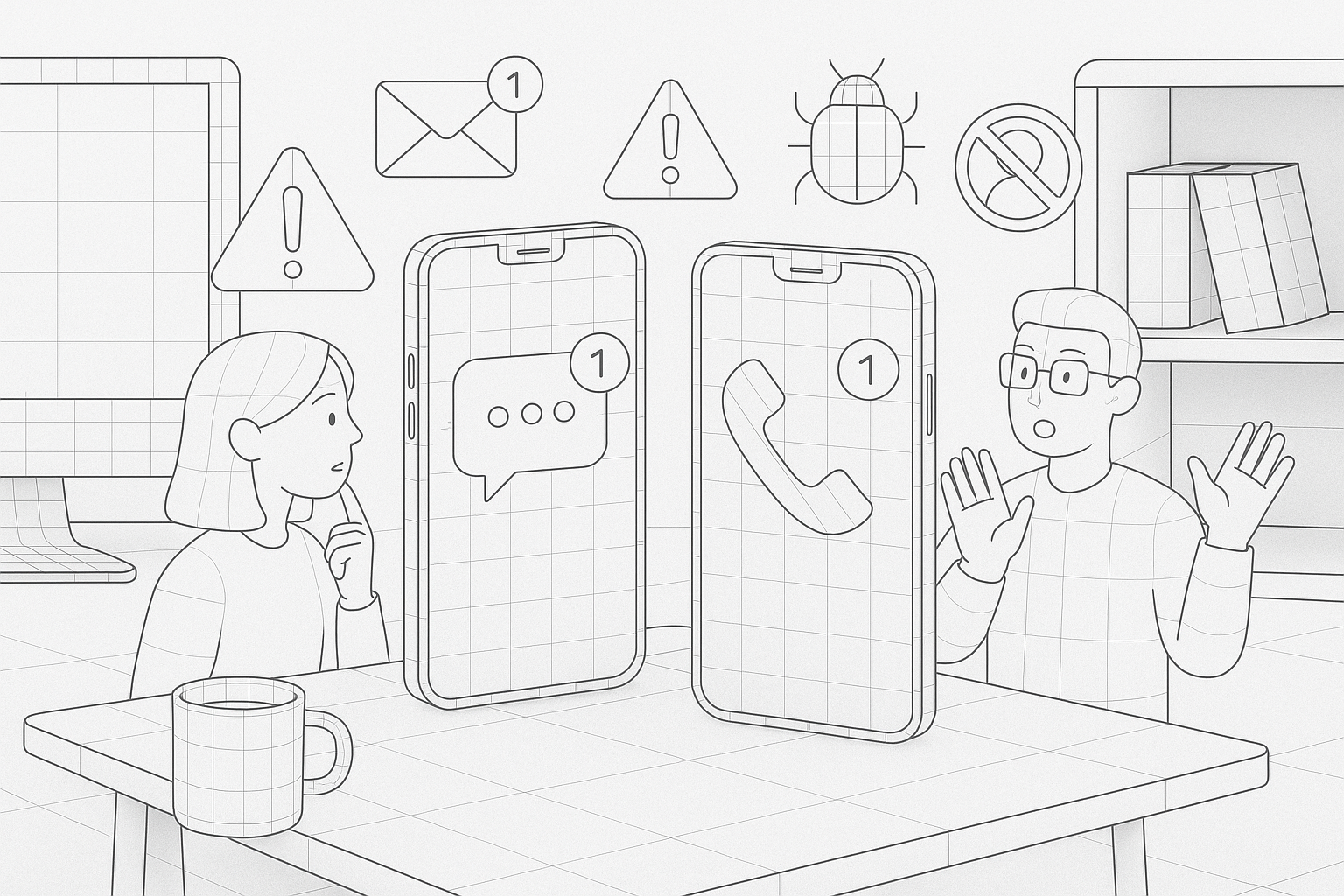 Illustration of illustration of second phone line in a minimal tech workspace setting, with a creative mood.