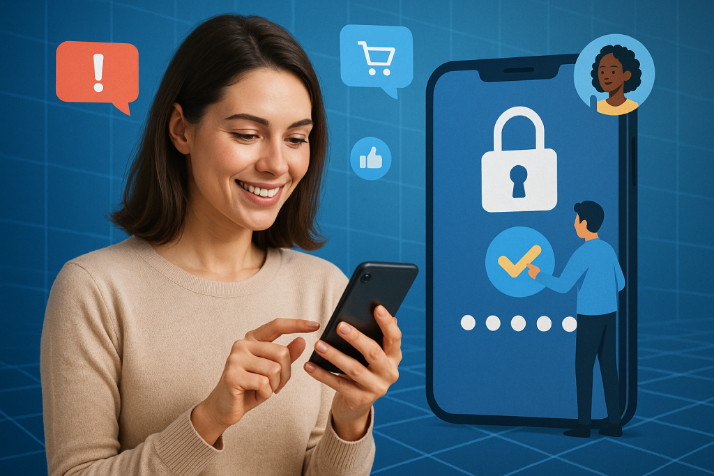 Illustration of man setting up secure app in a abstract data grid setting, with a inspired mood.