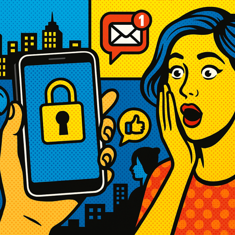 Illustration of mobile phone with lock symbol in a urban digital environment setting, with a creative mood.