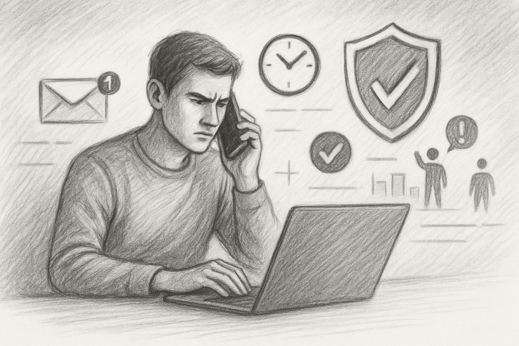 Illustration of illustration of second phone line in a shield icons over data setting, with a determined mood.