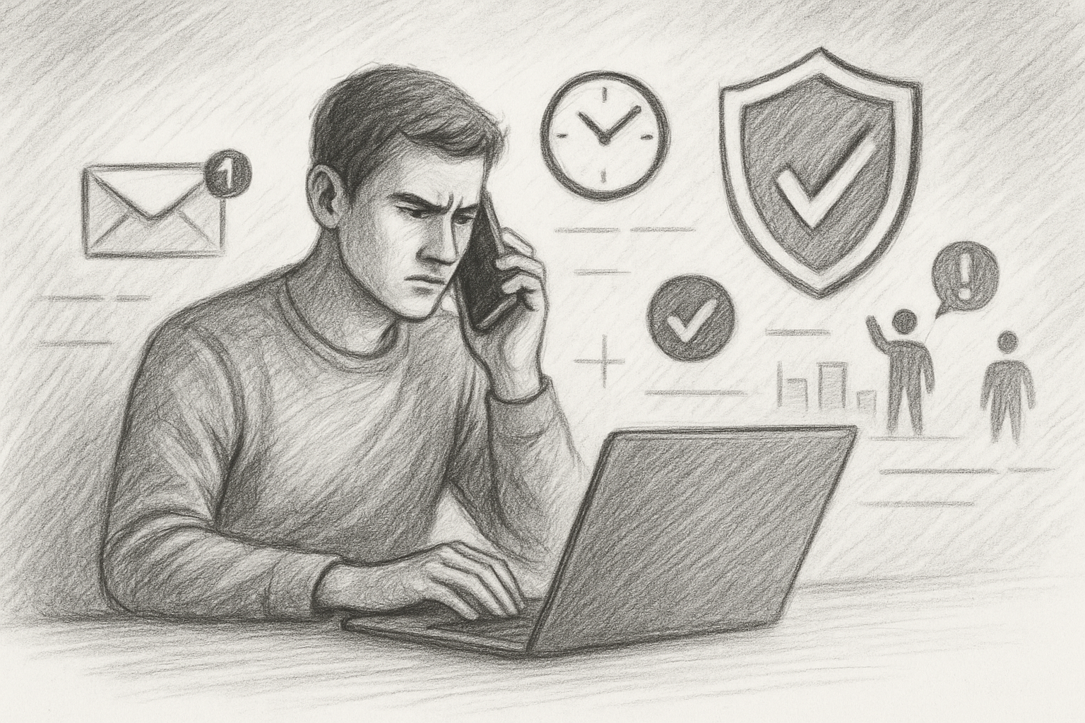 Illustration of illustration of second phone line in a shield icons over data setting, with a determined mood.