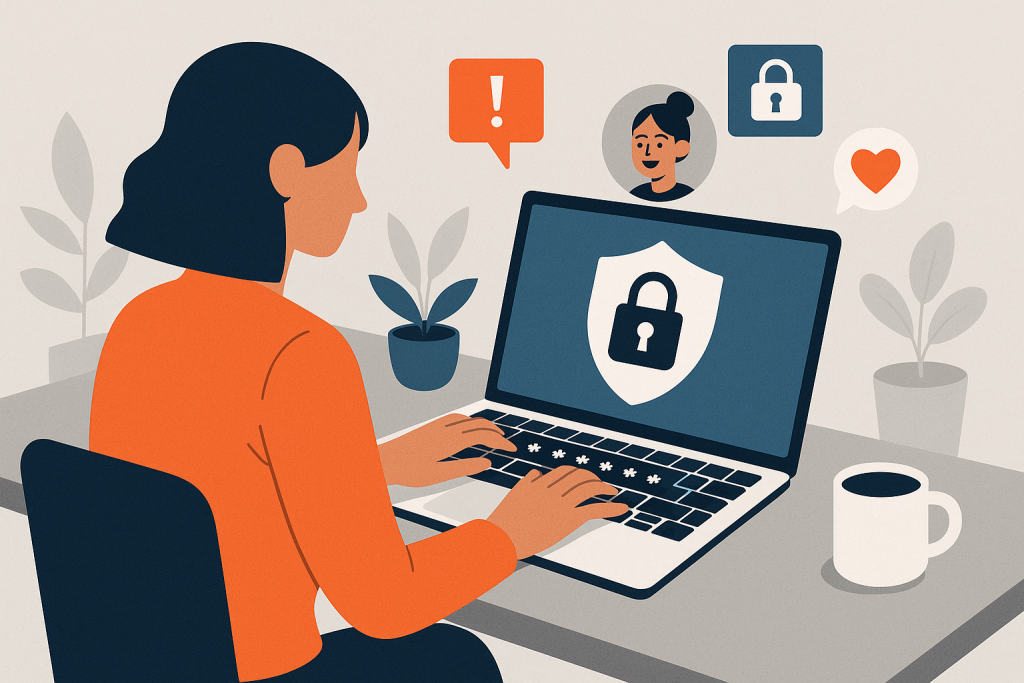 Illustration of hands typing on encrypted keyboard in a minimal tech workspace setting, with a inspired mood.