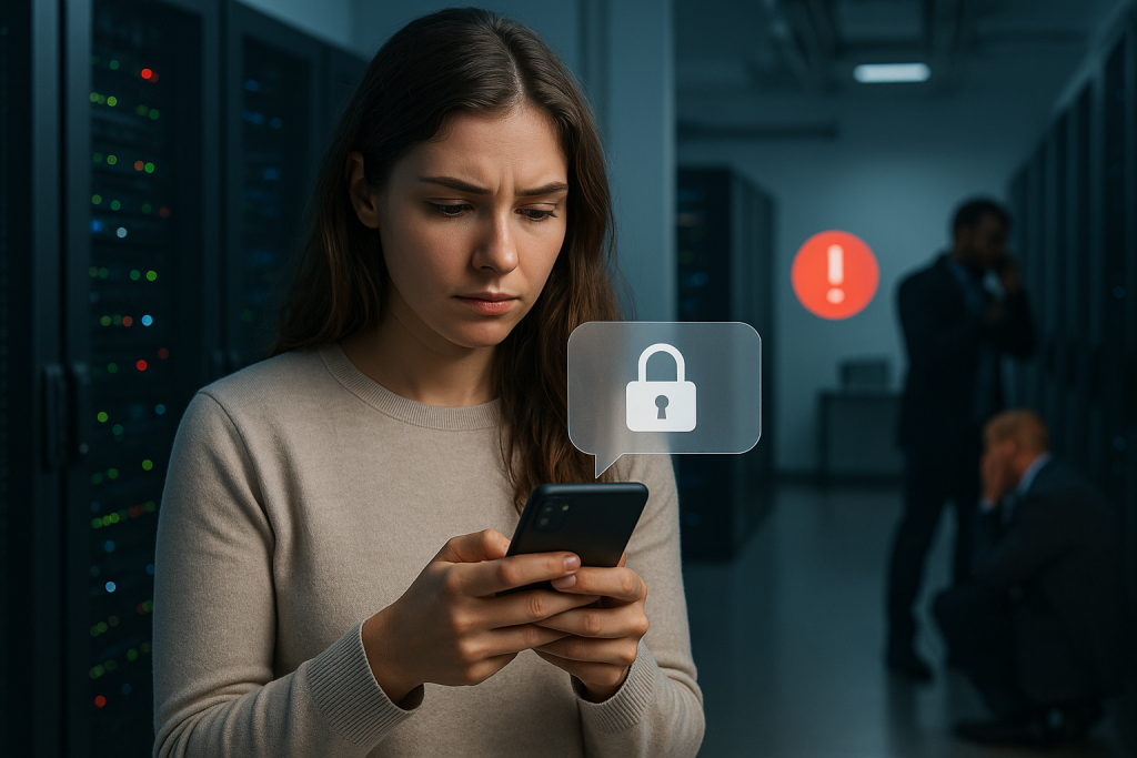 Illustration of young adult sending private message in a cybersecurity server room setting, with a focused mood.