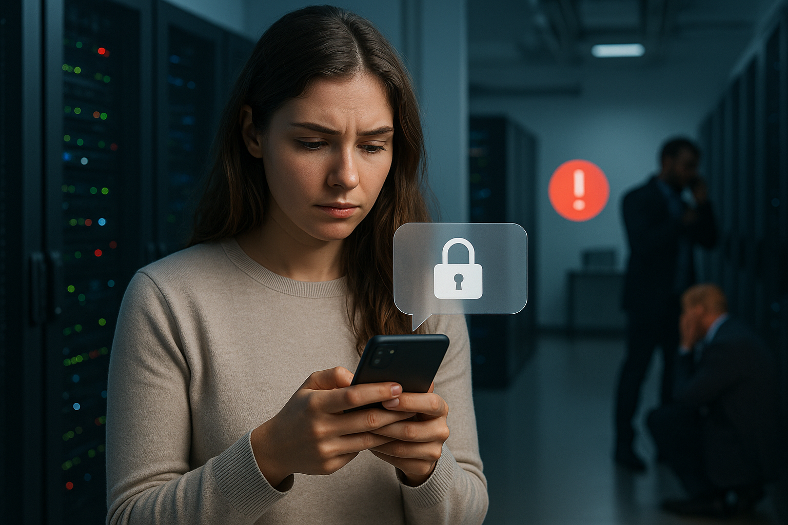 Illustration of young adult sending private message in a cybersecurity server room setting, with a focused mood.