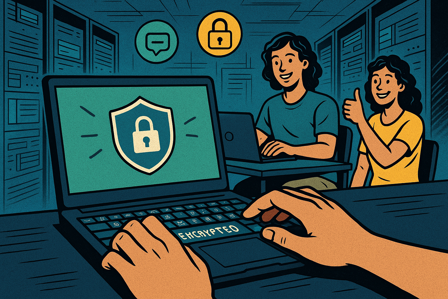 Illustration of hands typing on encrypted keyboard in a cybersecurity server room setting, with a relaxed mood.