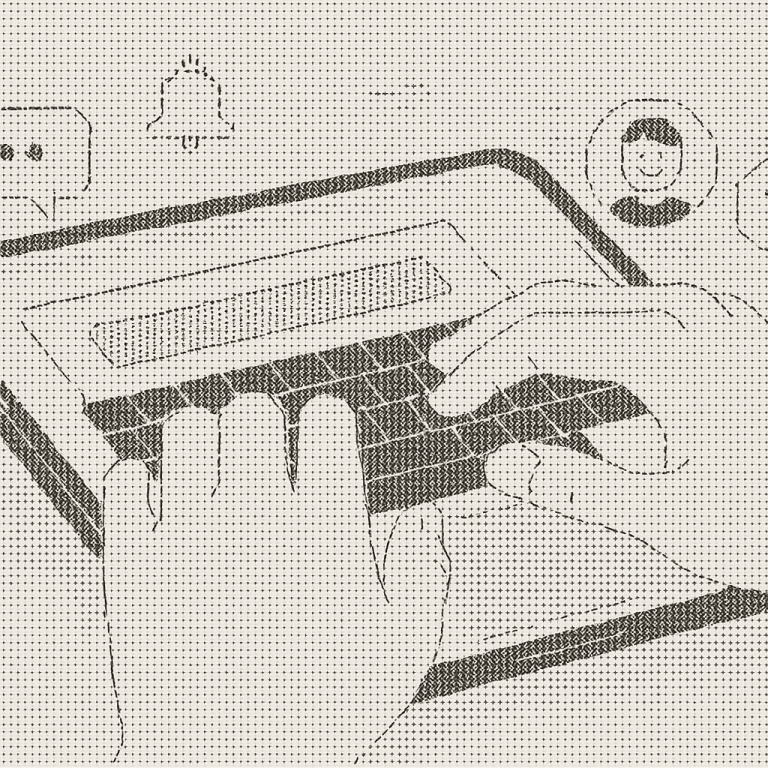 Illustration of hands typing on encrypted keyboard in a smartphone close-up setting, with a relaxed mood.