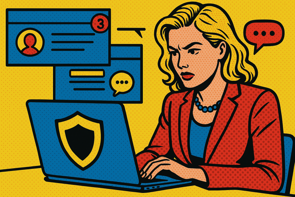Illustration of privacy shield icon on screen in a private messaging screens setting, with a determined mood.