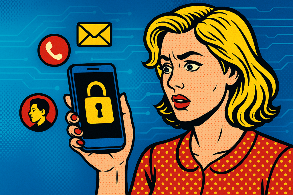 Illustration of mobile phone with lock symbol in a blue gradient tech design setting, with a focused mood.