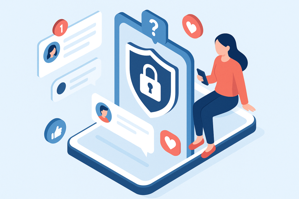 Illustration of privacy shield icon on screen in a private messaging screens setting, with a creative mood.