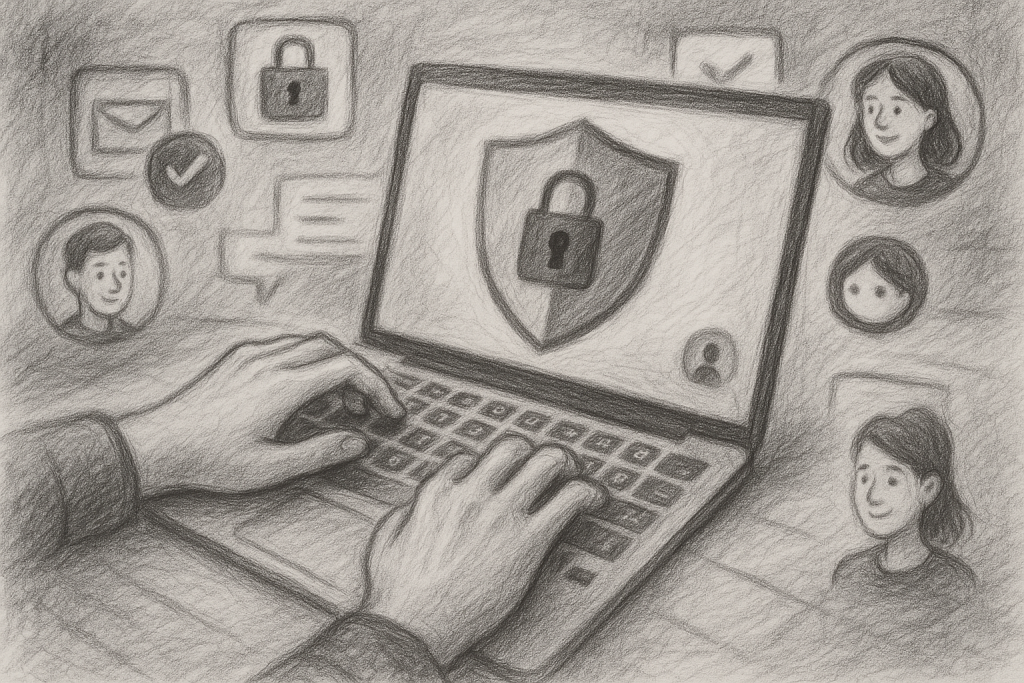 Illustration of hands typing on encrypted keyboard in a digital security interface setting, with a relaxed mood.