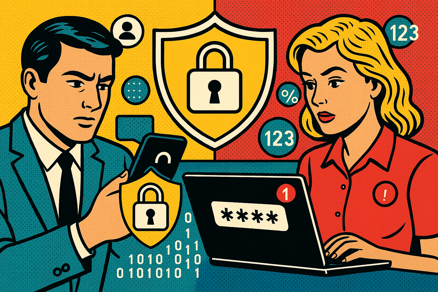 Illustration of couple using protected numbers in a shield icons over data setting, with a focused mood.