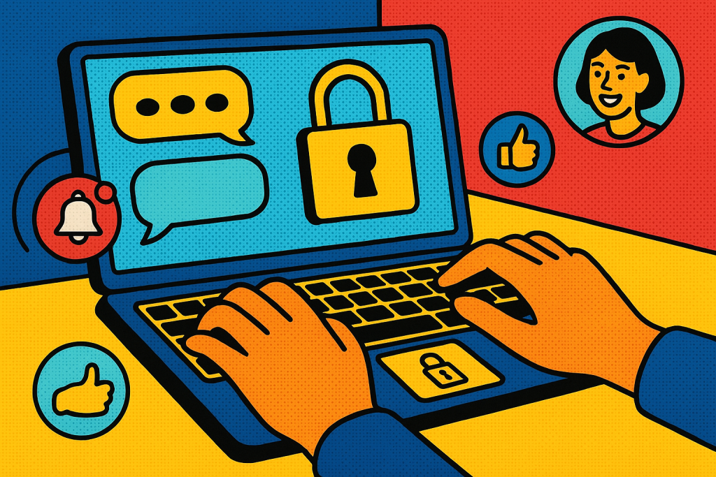Illustration of hands typing on encrypted keyboard in a private messaging screens setting, with a relaxed mood.