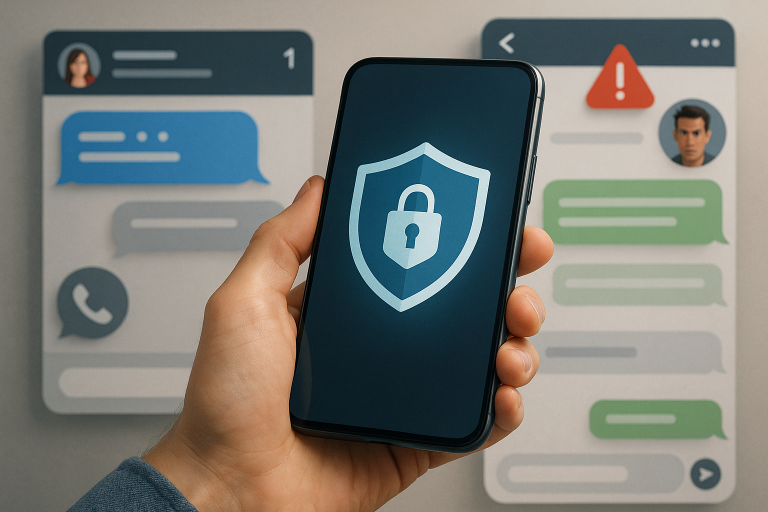 Illustration of privacy shield icon on screen in a private messaging screens setting, with a determined mood.
