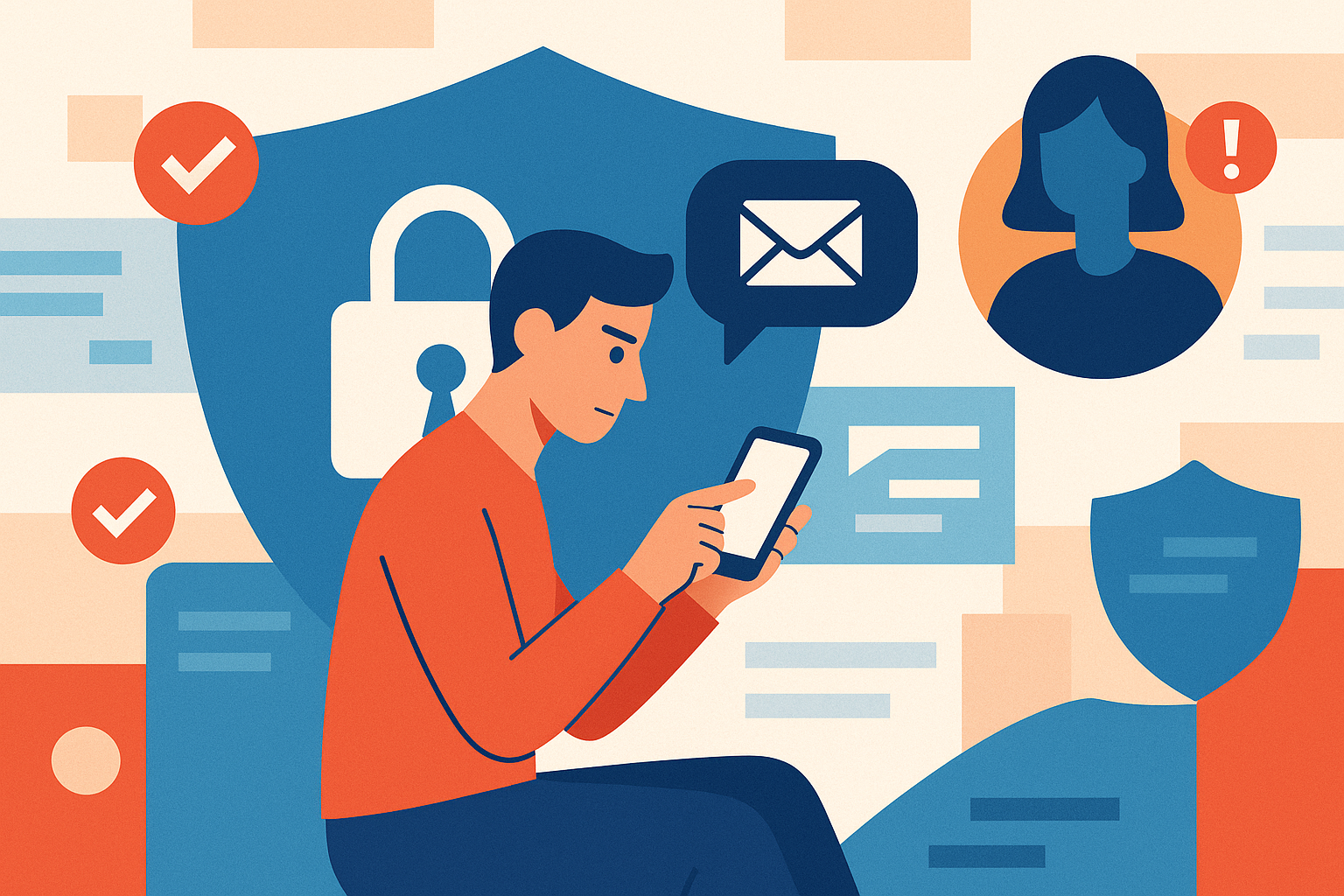 Illustration of young adult sending private message in a shield icons over data setting, with a determined mood.