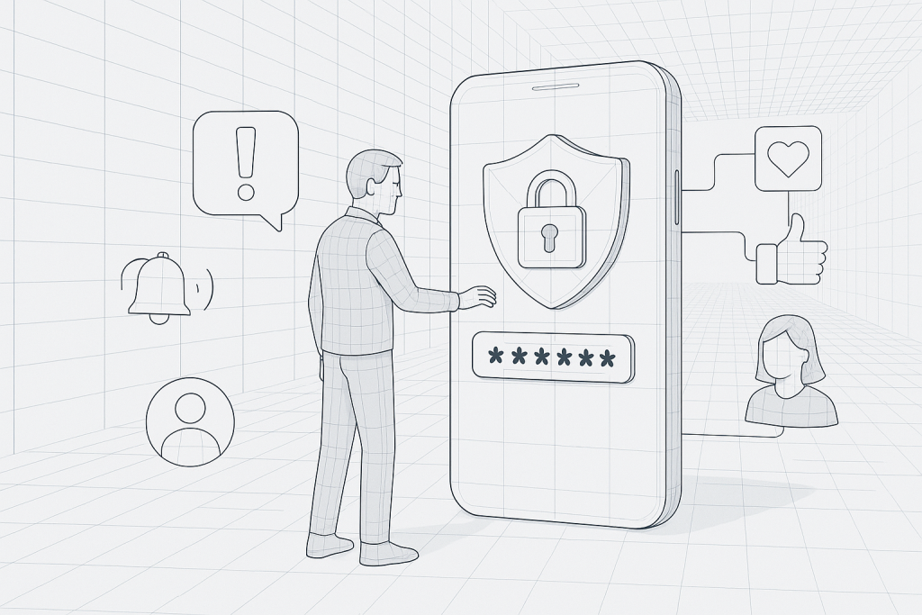 Illustration of man setting up secure app in a abstract data grid setting, with a determined mood.
