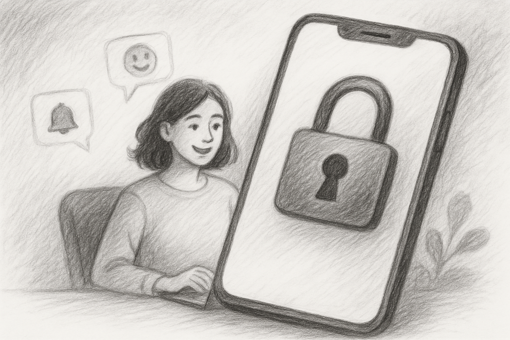 Illustration of mobile phone with lock symbol in a smartphone close-up setting, with a relaxed mood.