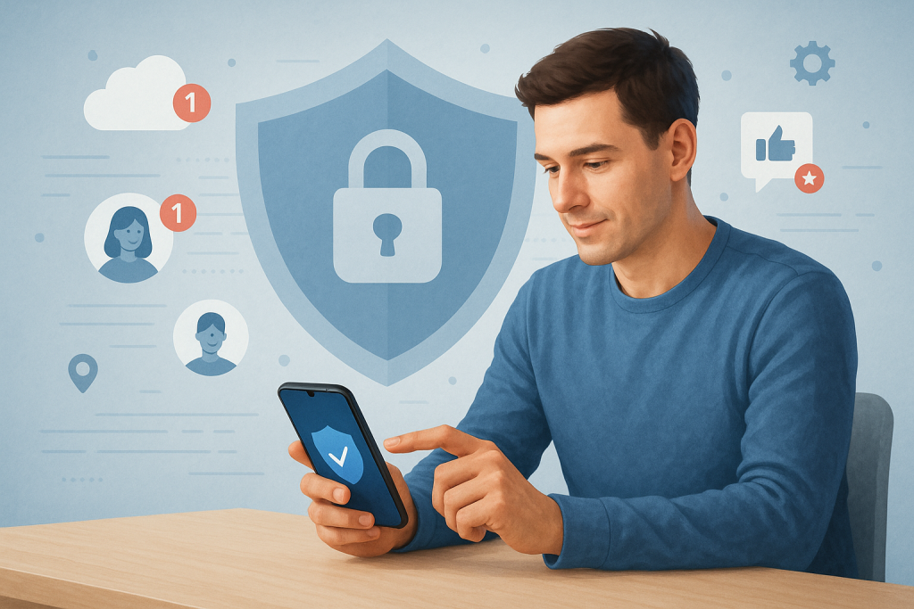 Illustration of man setting up secure app in a shield icons over data setting, with a inspired mood.