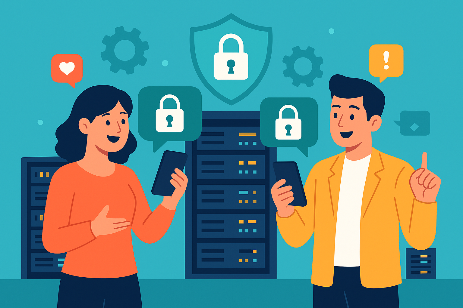 Illustration of couple using protected numbers in a cybersecurity server room setting, with a inspired mood.
