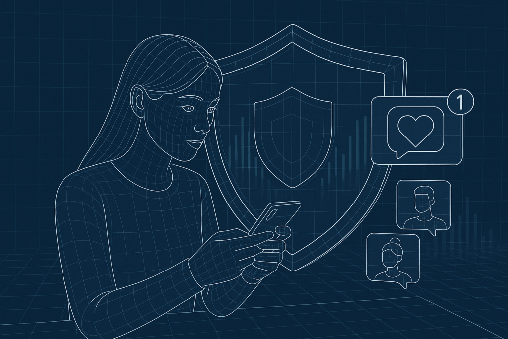 Illustration of woman using smartphone safely in a shield icons over data setting, with a focused mood.