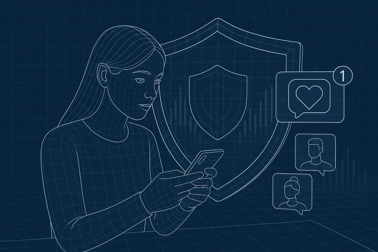 Illustration of woman using smartphone safely in a shield icons over data setting, with a focused mood.