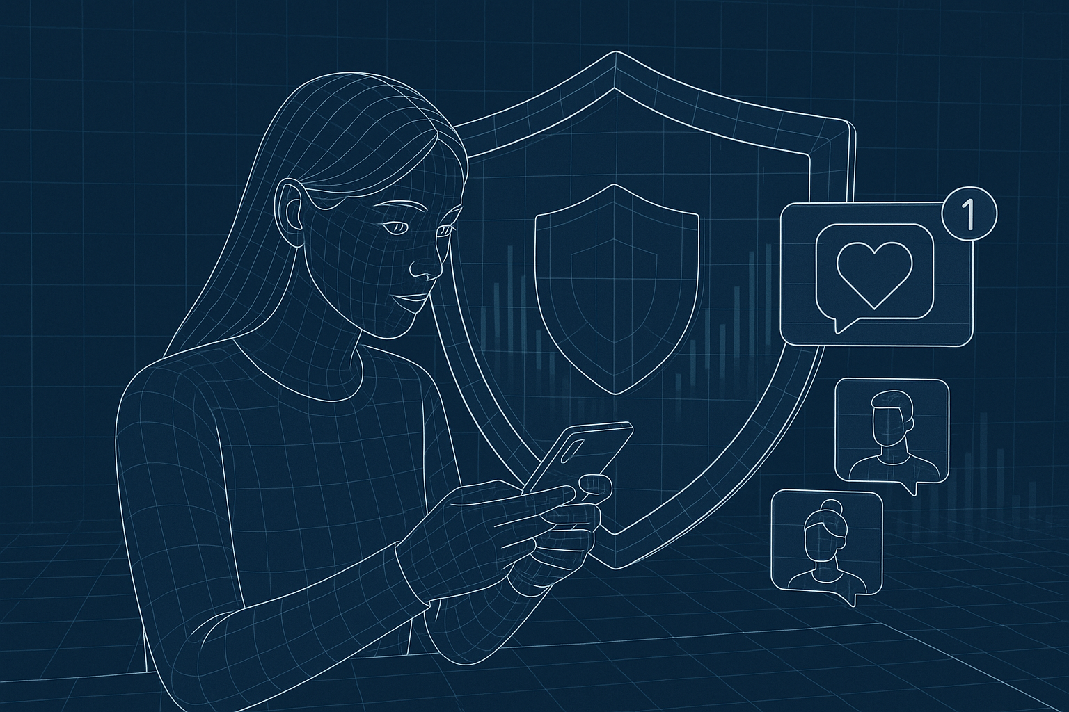 Illustration of woman using smartphone safely in a shield icons over data setting, with a focused mood.