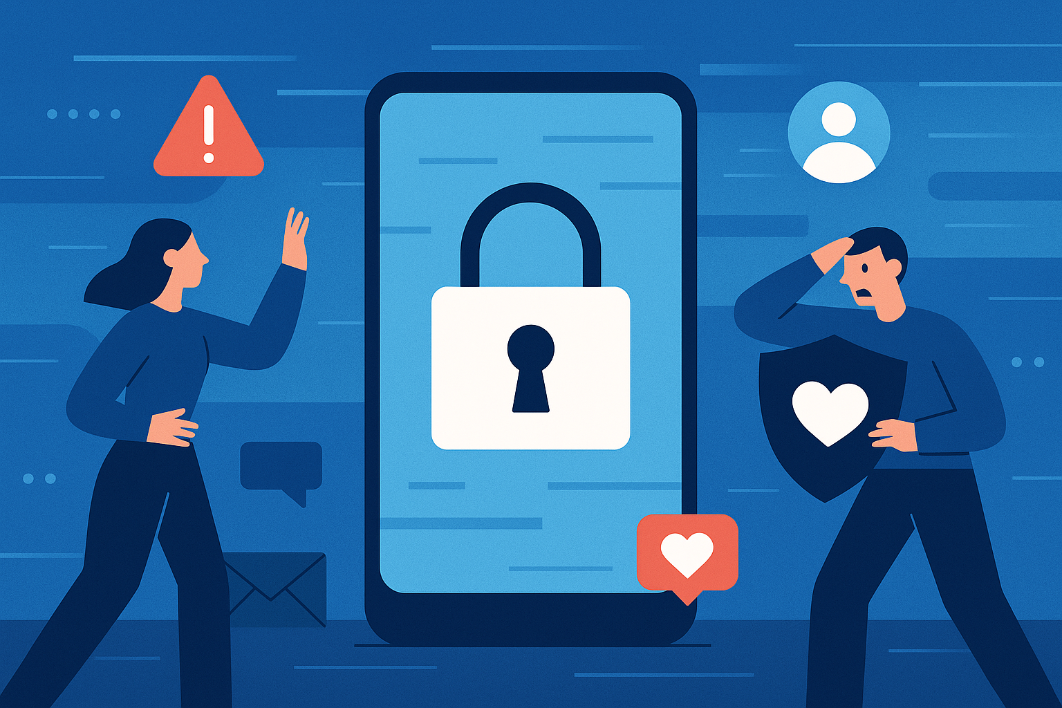 Illustration of mobile phone with lock symbol in a blue gradient tech design setting, with a determined mood.
