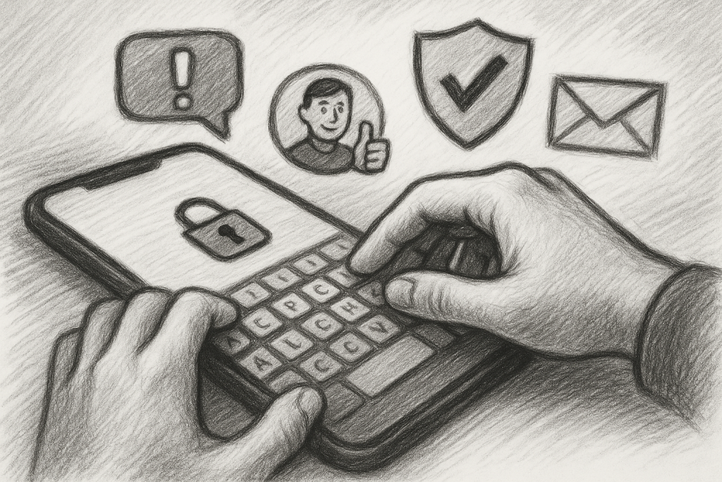 Illustration of hands typing on encrypted keyboard in a smartphone close-up setting, with a determined mood.