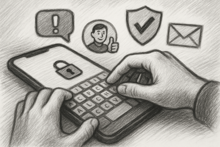 Illustration of hands typing on encrypted keyboard in a smartphone close-up setting, with a determined mood.
