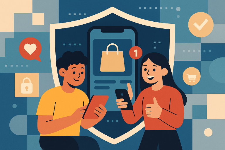 Illustration of teens browsing apps securely in a shield icons over data setting, with a happy mood.