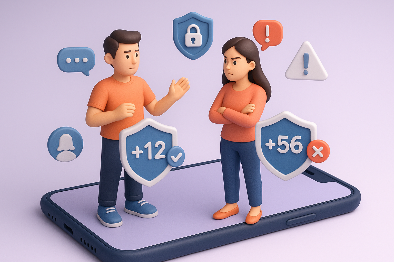Illustration of couple using protected numbers in a smartphone close-up setting, with a determined mood.