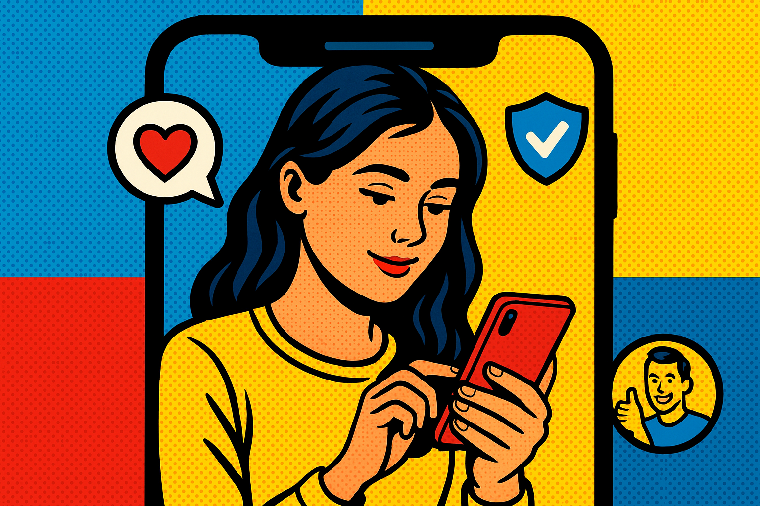 Illustration of woman using smartphone safely in a smartphone close-up setting, with a relaxed mood.