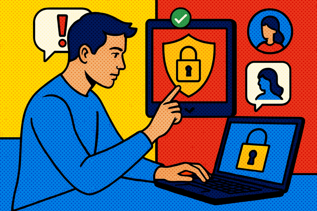 Illustration of man setting up secure app in a digital security interface setting, with a focused mood.
