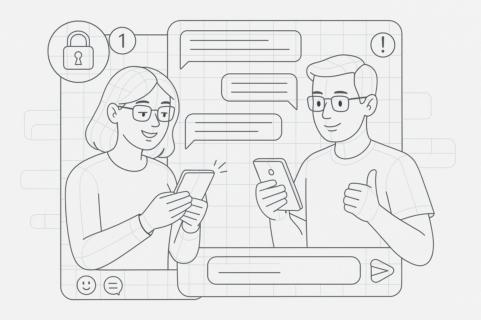 Illustration of couple using protected numbers in a private messaging screens setting, with a relaxed mood.