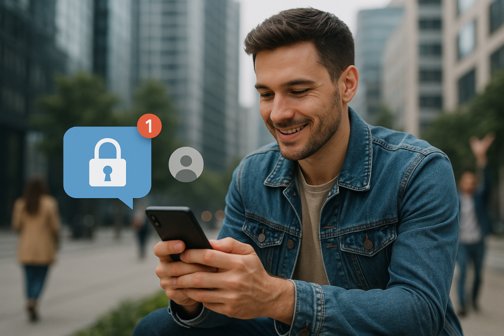 Illustration of young adult sending private message in a urban digital environment setting, with a relaxed mood.