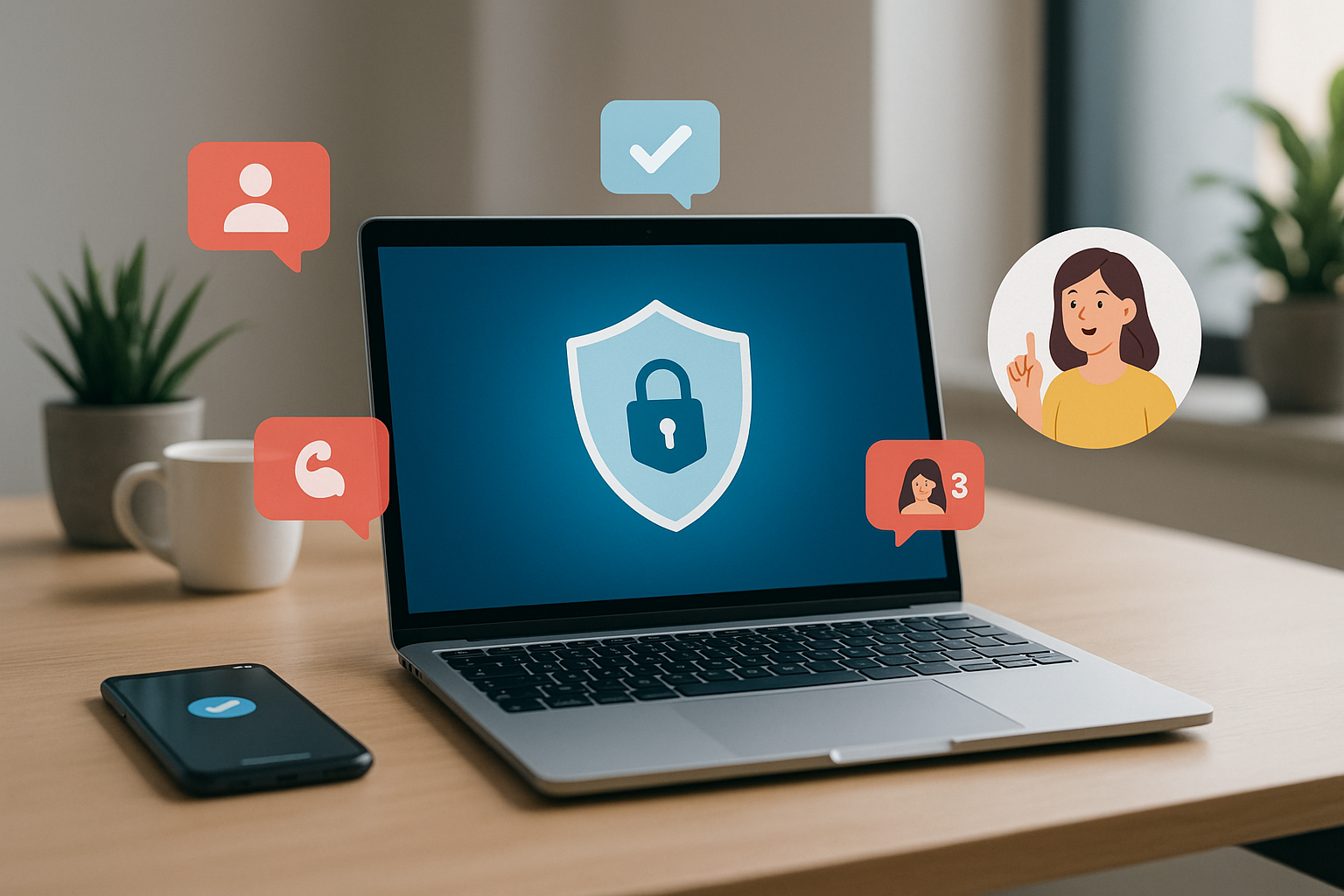 Illustration of privacy shield icon on screen in a minimal tech workspace setting, with a creative mood.