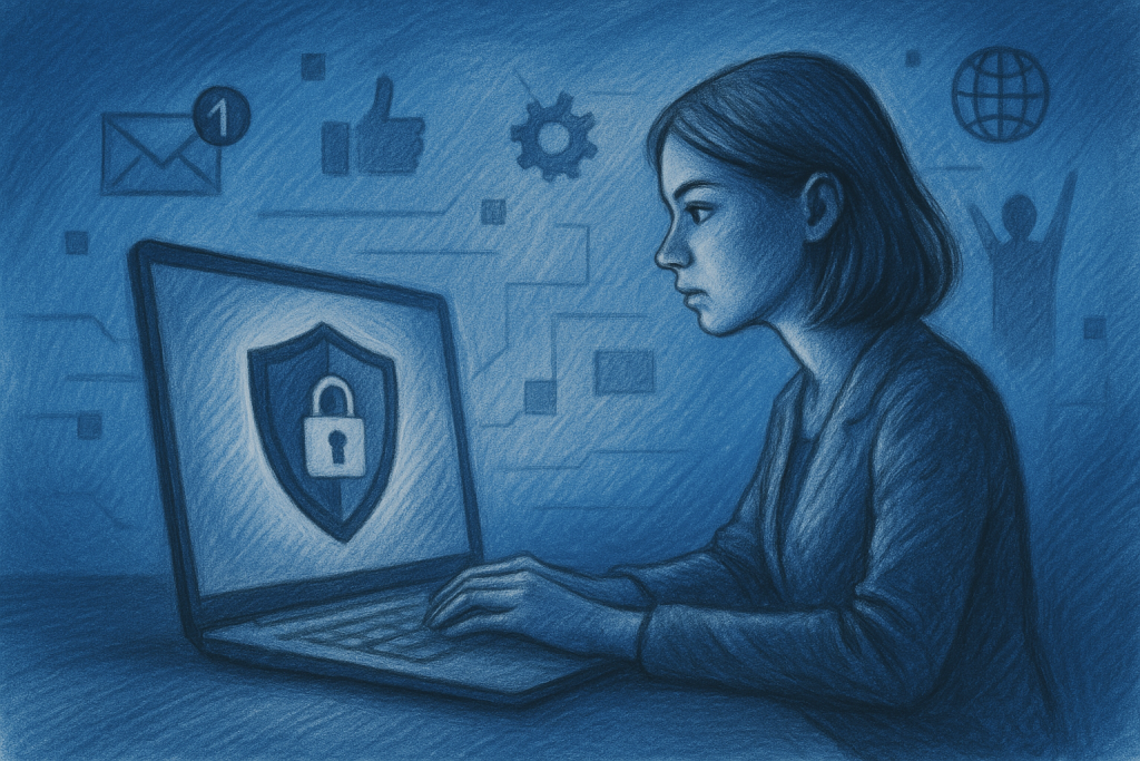 Illustration of privacy shield icon on screen in a blue gradient tech design setting, with a determined mood.