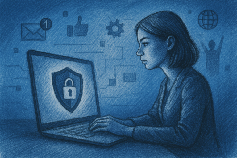 Illustration of privacy shield icon on screen in a blue gradient tech design setting, with a determined mood.