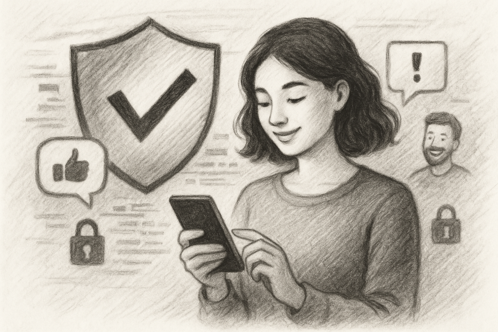 Illustration of woman using smartphone safely in a shield icons over data setting, with a happy mood.