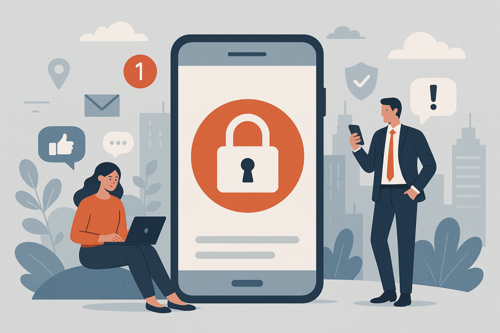 Illustration of mobile phone with lock symbol in a urban digital environment setting, with a relaxed mood.